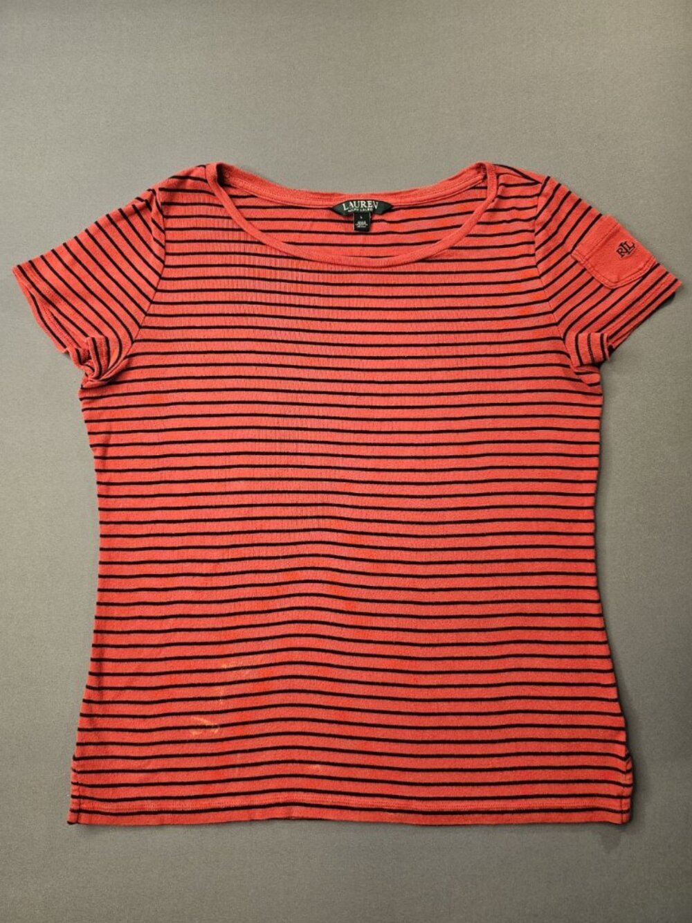 Lauren Ralph Lauren Red Black Horizontal Stripe Knit Scoop Neck Shirt L
